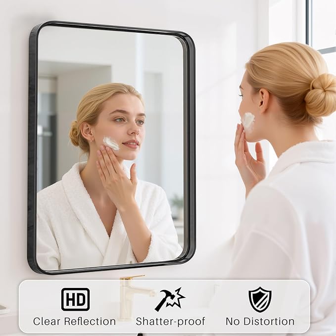 Bathroom Mirror 30x22 Inch Black Metal Frame Rectangle Vanity Mirror with Rounded Corners, Modern Wall Mounted Anti-Rust Mirror for Farmhouse, Restroom, Entryway, Horizontal or Vertical Hanging