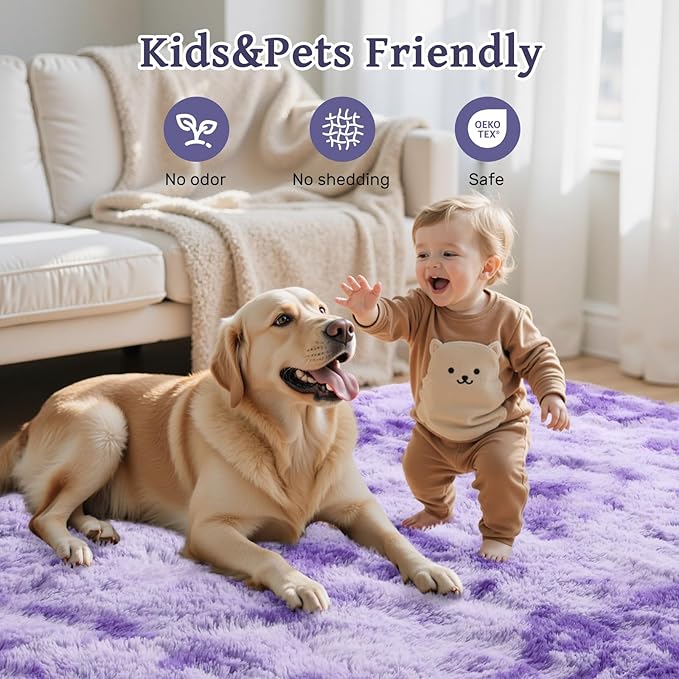 5x7 Purple White Rug Fluffy Living Room Rugs Girls, Plush Soft Fuzzy Area Carpet Non Slip for Bedroom Nursery Kids Girlie Elegant Home Decor Aesthetic