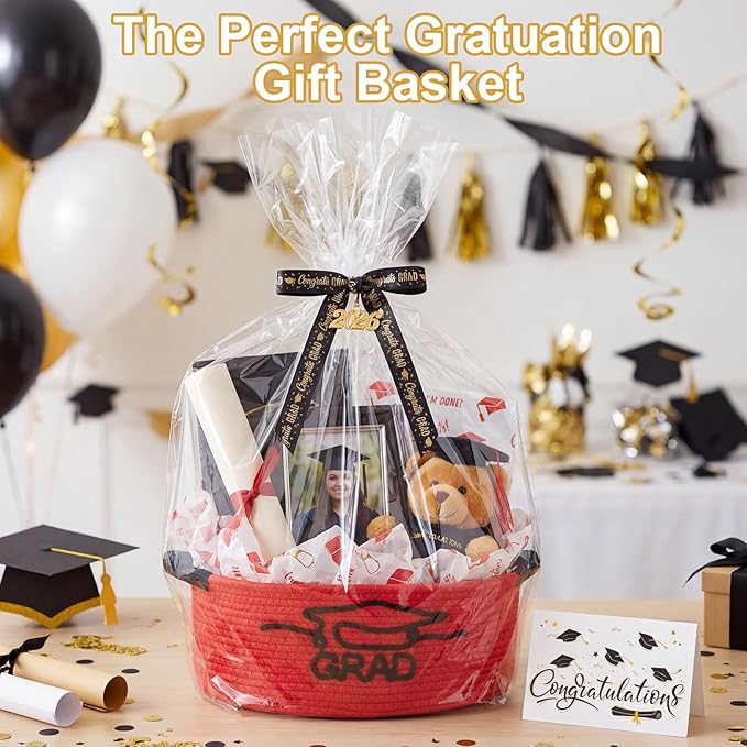 Colingmill 2026 Graduations Gift Basket Empty to Fill, Woven Rope Basket 15" x 11" x 6" Decorative Storage Baskets with Gift Bag, Bow, Tissue Paper & Year Charm(Red,Black,Graduation)
