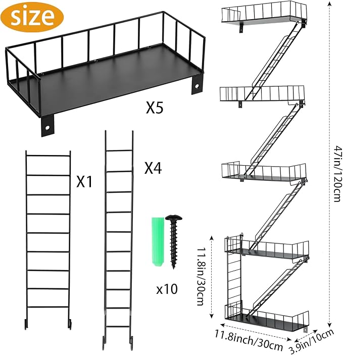 Zonon Fire Escape Wall Shelf Hanging Metal Ladder Shelves Wall Decor Cool Bookshelf Organizer Floating Shelves Action Figure Shelf for Home Bedroom Storage Display(Black,5 Tier)