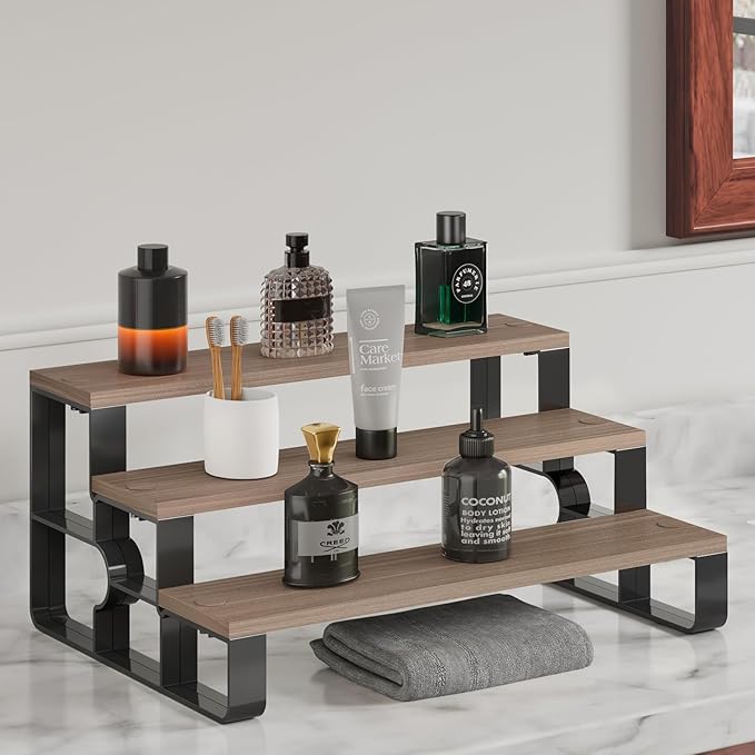 Perfume Stand Organizer for Men,3 Tier Display Riser,Display Shelf for Bedroom,Dresser,Wooden Shelf Cologne Stand for Party,Makeup,Figures,Cupcake,Dessert,Gift(Walnut,Width=14")