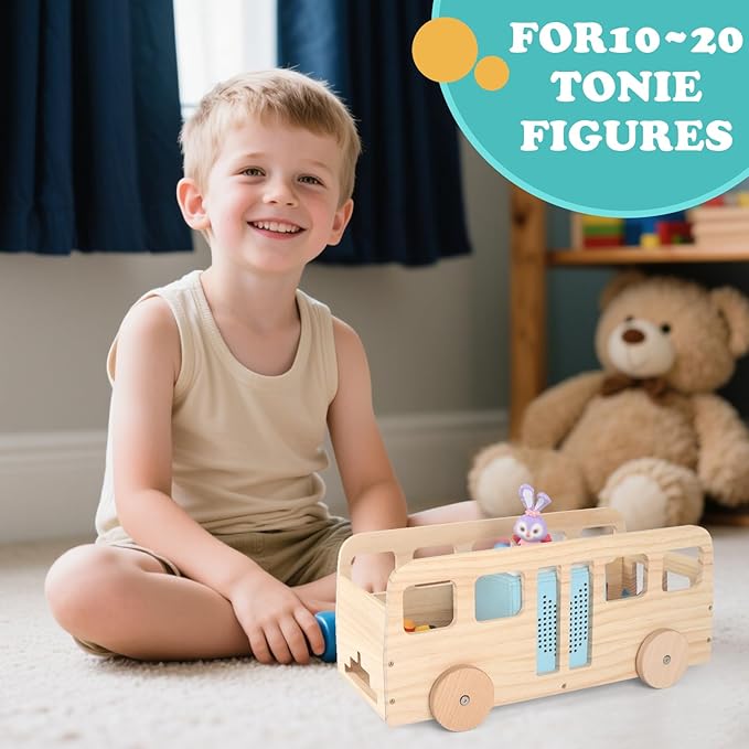 Bus for Tonies Box 1/2 Organizer Shelf Storage, Wooden Bus Storage Holder for Toniebox Player Tonies Figures Characters, Display Collection 20~30 Characters, Funny Little Car