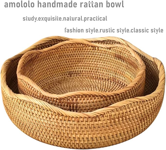 Handmade Rattan Round Fruit Basket Food Storage Bowls Kitchen Organizer Snack Serving Bowl 9 10 Inch Wavy Edge Circle Tray Basket with 3” Deep Wall, Boho Décor Display Tray Bowl (2-Size Kit)