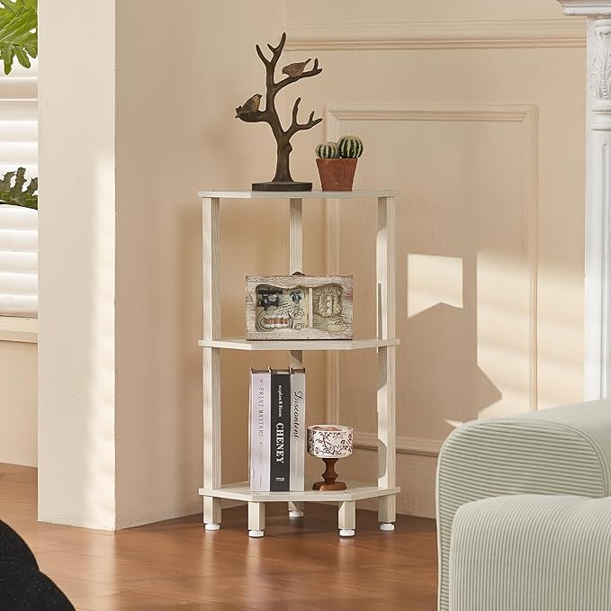 YUFAM 3-Tier Corner Shelf with Sturdy 5-Leg Base, 29in Tall Narrow Bookcase for Small Spaces, Wooden Plant Display Shelf, Thin Bookshelf for Living Room, Bedroom, Office, Grey White