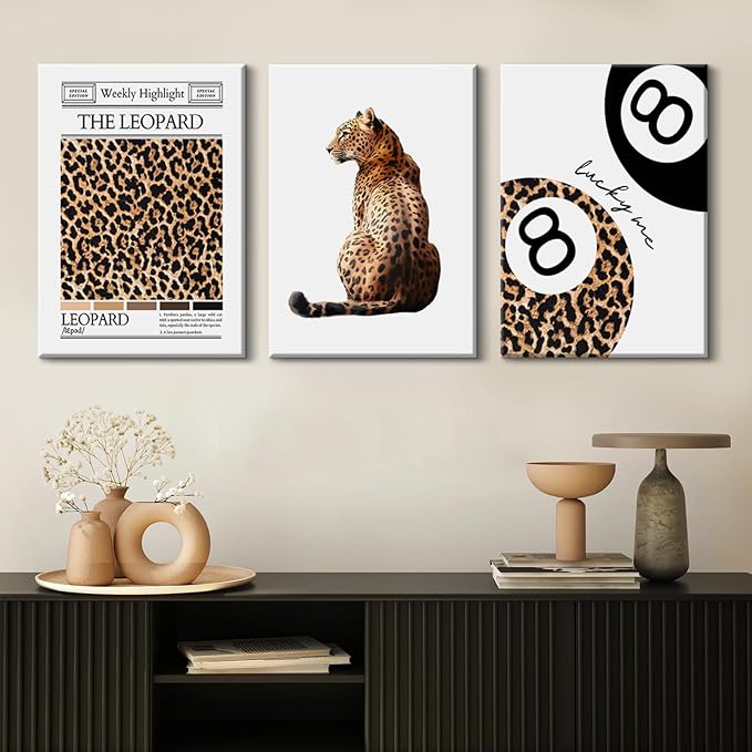 Trendy Leopard Wall Art Cheetah Print Canvas Wall Decor 8 Ball Poster Preppy Room Aesthetic Pictures Funky Coquette Vintage Prints Y2k Fashion Lucky Posters for Bedroom 16x24x3 Inch Wrapped Canvas