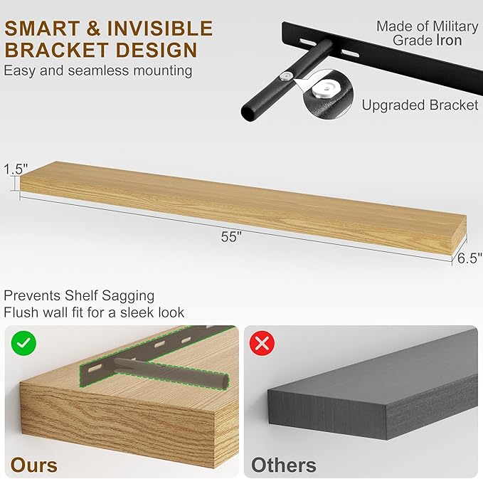Fun Memories Floating Shelves for Wall, 55Inch Floating Shelves Set of 2, Hanging Shelf with Invisible Brackets, Wood Shelves for Living Room, Bedroom, Kitchen, Oak
