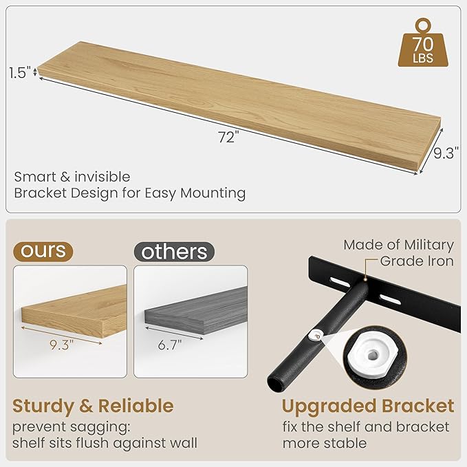 Fun Memories 72 Inch Long Floating Shelves for Wall, 72x9.3 Large Floating Shelf for Bedroom, Kitchen, Bathroom, Wall Mounted Rustic Wood Shelves with Invisible Bracket for Books, Decor, Oak