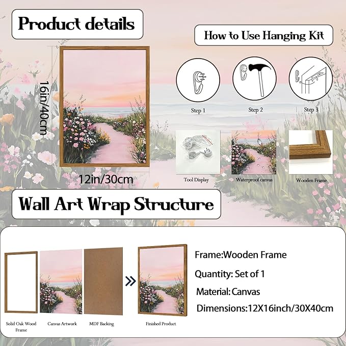 Framed Vintage Landscape Wall Art, Pink Floral Coastal Pictures Wall Decor, Rustic Wildflower Nature Paintings Canvas Prints Home Decor Aesthetic for Living Room Bedroom Bathroom 12x16 inch