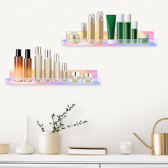 Dezzer 6 Pack Acrylic Shelves for Wall, 15" Acrylic Floating Shelves for Bathroom Bedroom, Invisible Bookshelf Wall Ledge Storage Shelf Books Perfume Toys Action Figure Display Shelves, Iridescent