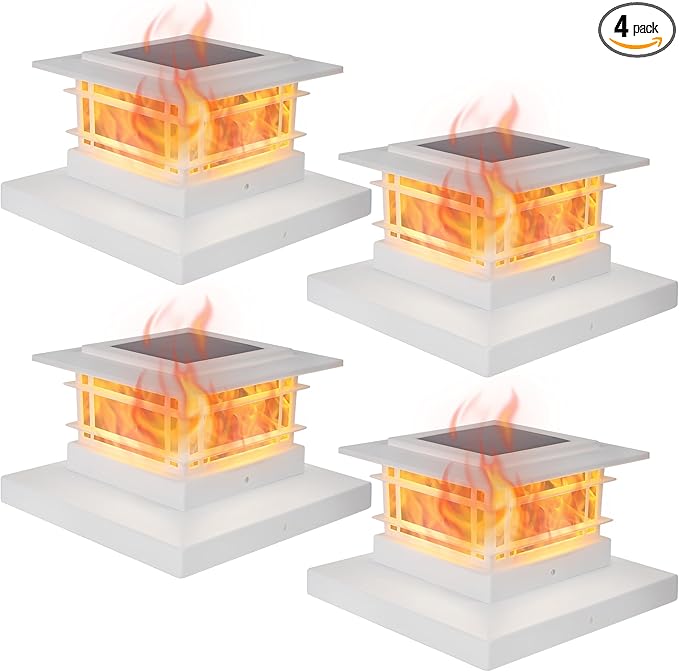 Dynaming 4 Pack Solar Post Cap Lights Outdoor with Flickering Flame Light, White Shell Fence Post Solar Lights Fit 4x4 5x5 Vinyl/Wooden Posts, Brightness LED Lighting Decor for Garden Deck Patio