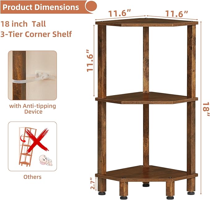 YUFAM 3-Tier Corner Shelf with Sturdy 5-Leg Base, 28in Tall Narrow Bookcase for Small Spaces, Wooden Plant Display Shelf, Thin Bookshelf for Living Room, Bedroom, Office, Brown
