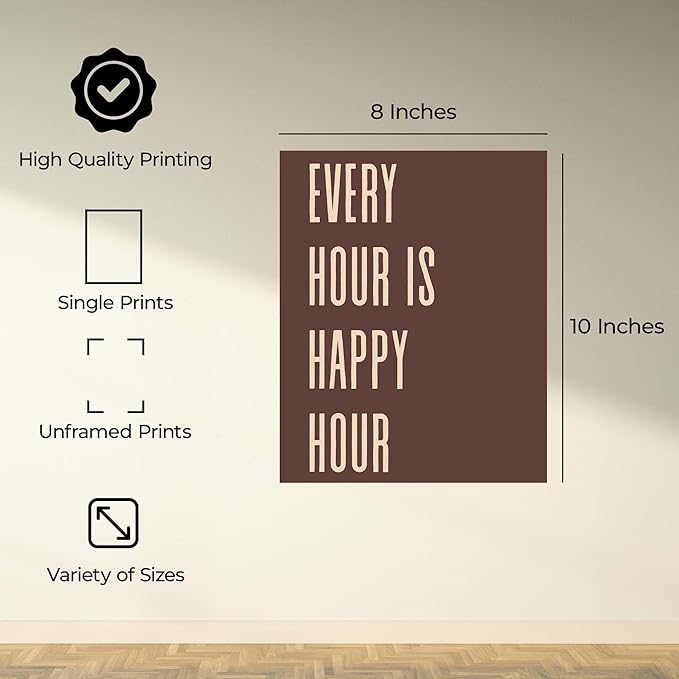 InkFlow Posters Every Hour Happy Hour Poster - Retro Typography Quote Art - Warm Brown Minimal Design - Kitchen Bar Wall Decor Accent - Modern Home Print - 8x10 Unframed Canvas Print