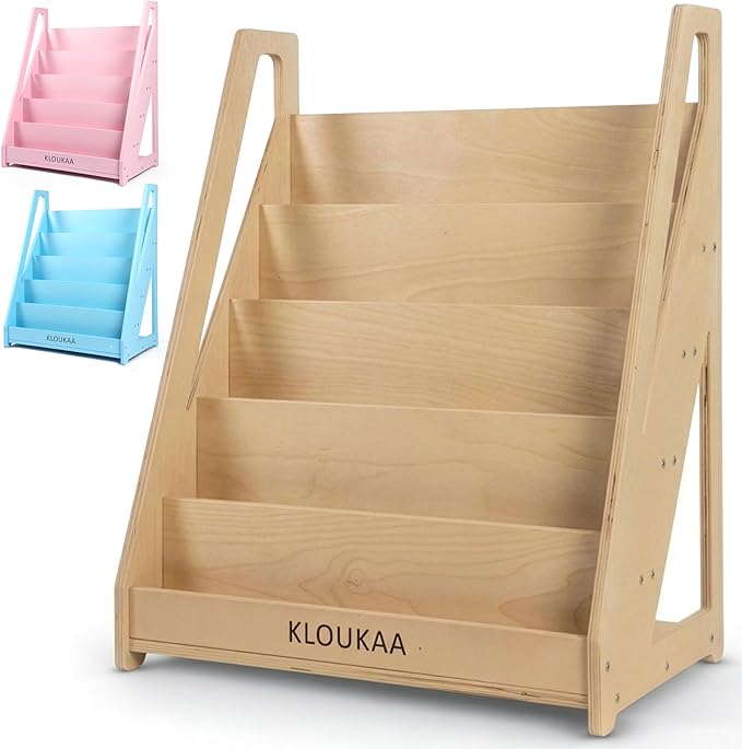 Kids Bookshelf Organizer, Montessori Front-Facing Wooden Bookcase for Toddlers, 5-Tier Children's Book Storage with Deep Shelves — Pink, Blue, Natural Wood (Brown)