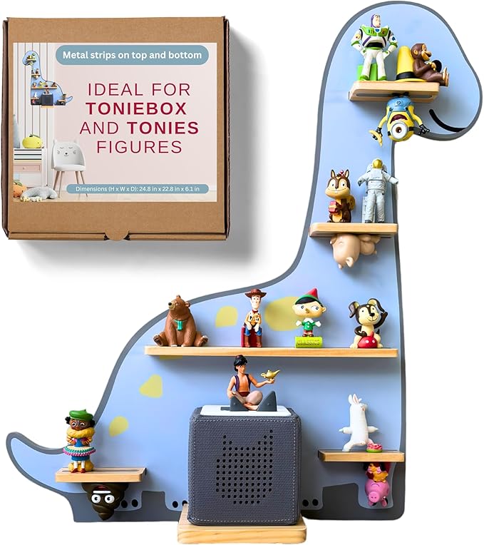 BigStep Large Magnetic Shelf for Toniebox - Metal Strips on Top and Bottom to Hold Tonie Characters and Other Accessories - Use as Wall Shelf or Free Standing - Dinosaur