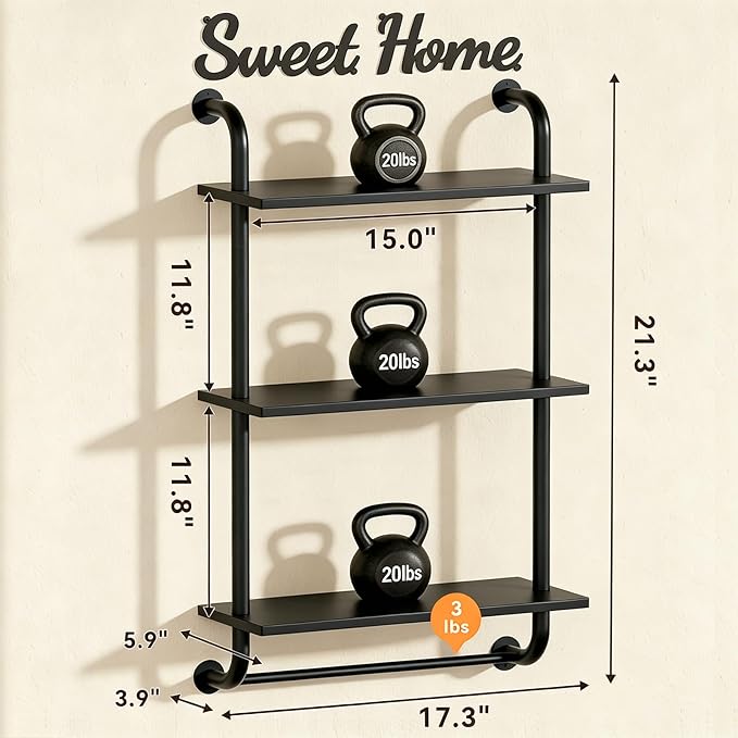 Tinpin Bathroom Shelves Wall Mounted, Rustic Farmhouse Pipe Shelves, Walls Shelf 3-Tier, Industrial Pipe Shelving, Floating Shelf Wall Decor for Bathroom, Kitchen, Bedroom, Living Room 17.3in Black