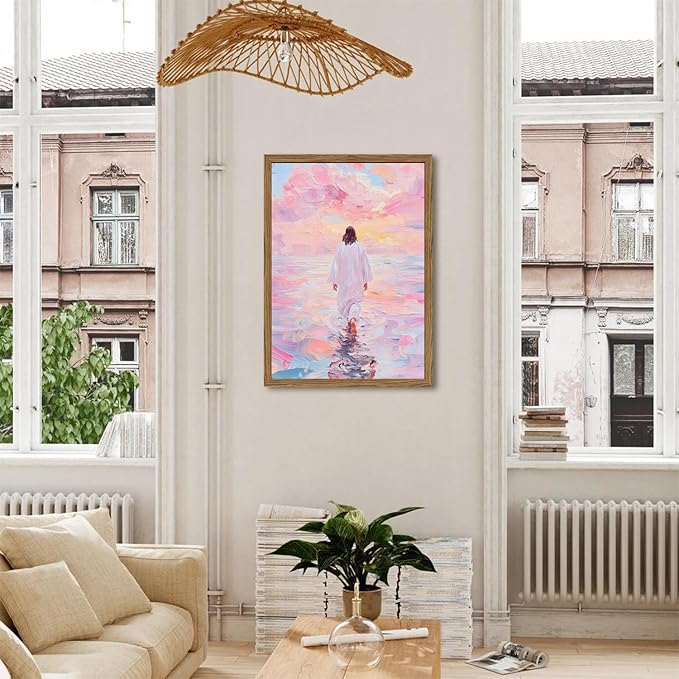 Pink Jesus Walking On Water Wall Art, Frame 3D Textured Hand Drawn Sandstone Christian Wall Decor Paintings Religious Savior Pictures for Living Prayer Room Bedroom, 24x36 in Wood Framed