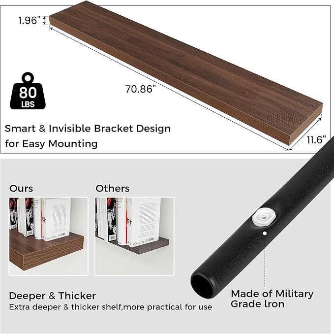 Venusmiles Floating Shelf for Wall 71 inch Long, Engineered Wood Large Wall Shelves with Invisible Brackets for Living Room Bedroom Bathroom Office Kitchen Decor and Storage, Walnut Finish, Set of 1