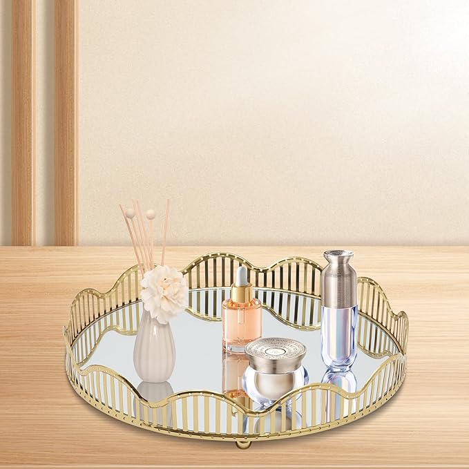 Gold Mirrored Tray with Ornate Frame, 12.4” Round Vanity Tray for Perfume & Jewelry Organizer, Decorative Makeup Tray with Mirror Base for Dresser, Bathroom, Coffee Table, Home Decor
