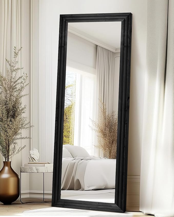 Full Length Mirror 65"x22" with Stand Solid Wood Frame Floor Large Mirror for Living Room, Bedroom Hanging Standing or Leaning Wall-Mounted, New Black