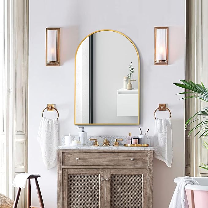 Arched Wall Mirror, Gold Decorative Hanging Mirror, 38"x26" Vanity Mirror Brushed Aluminum Alloy Frame for Bathroom, Bedroom, Living Room, Entryway, Hang Vertical or Horizontal