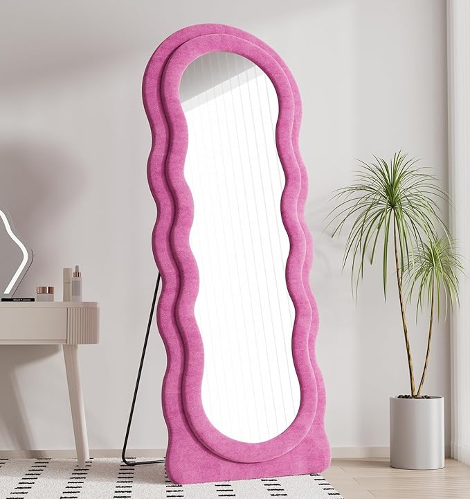 Dewfig Full Length Mirror, 63" x 24" Irregular Wavy Mirror, Large Floor Length Mirrors Wall Mounted, Standing Wavy Mirrors with Flannel Wrapped Wooden Frame for Bedroom/Living Room, Hot Pink