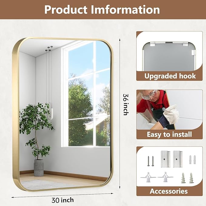 30x36 Inch Gold Bathroom Mirror, Brushed Gold Metal Framed Rectangular Mirror with Rounded Corner, Bathroom Vanity Mirror for Bedroom or Living Room, Horizontal/Vertical