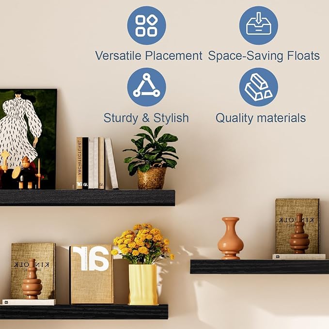 Floating Shelves Bathroom for Wall, Bathroom Shelves Over Toilet, Wall Shelves & Book Shelf, Hanging Shelf, Modern Wooden Wall-Mounted Small Floating Shelves, 12x7x1.5 in (Black, Set of 2)