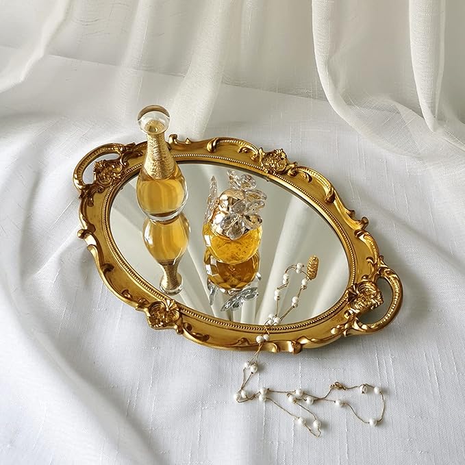 Oval Decorative Mirror Tray, French Style, Makeup Organizer, Jewelry Organizer, Serving Tray, 9.8"x 14.6", Gold