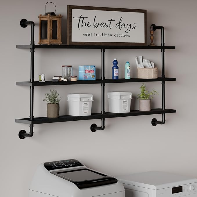 HDDFER Industrial Pipe Shelving Rustic Black Pipe Wall Shelves Industrial Shelves with Wood Planks Floating Shelves 60 Inch Farmhouse Bathroom,Kitchen Shelving Wall Mounted