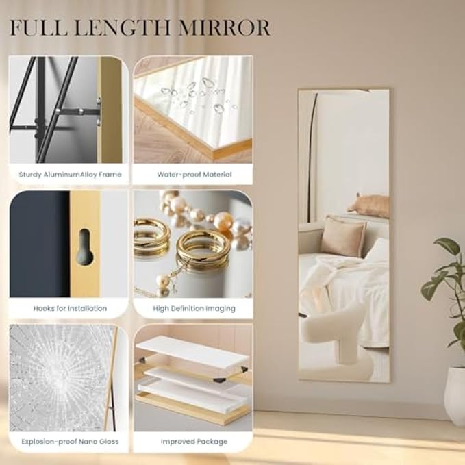 NEWBULIG Full Length Mirror, Full Body Floor Mirror with Aluminum Alloy Thin Frame, Wall or Standing Mirror for Bedroom, Living Room, Dressing Room