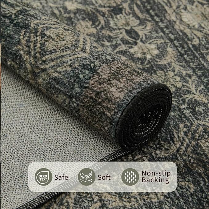 Rugxara 6x9 Washable Area Rug for Living Room, Vintage Large Boho Rugs for Office, Dining Room, Kids Room, Farmhouse, Durable Low Pile Non Slip Carpet for High Traffic Areas, Moss Brown