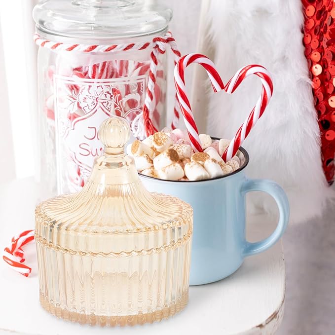 Amber Glass Candy Jar with Lid, Snack Storage Container and Makeup Organizer, Decorative Apothecary Jar for Kitchen and Bathroom Vanity