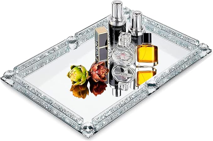 Crystal Glass Tray, Modern Mirror Jewelry Dresser Trinket Trays with Crushed Diamond, 11.8" x 7.9"Rectangular Makeup Perfume Tray for Bathroom Bedroom, Home Decor, Hotel Banquet, Party(Silver)