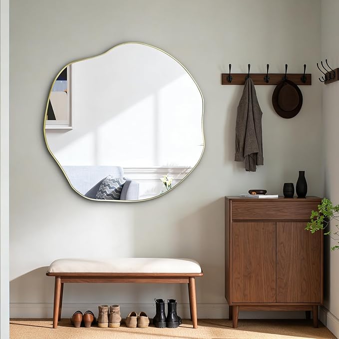 POZINO Irregular Wall Mirror, 35" Large Asymmetrical Mirrors, Gold Scalloped Rounded Mirror, Modern Frameless Abstract Circle Mirrors for Living Room Bedroom Bathroom Entryway Hallway Fireplace