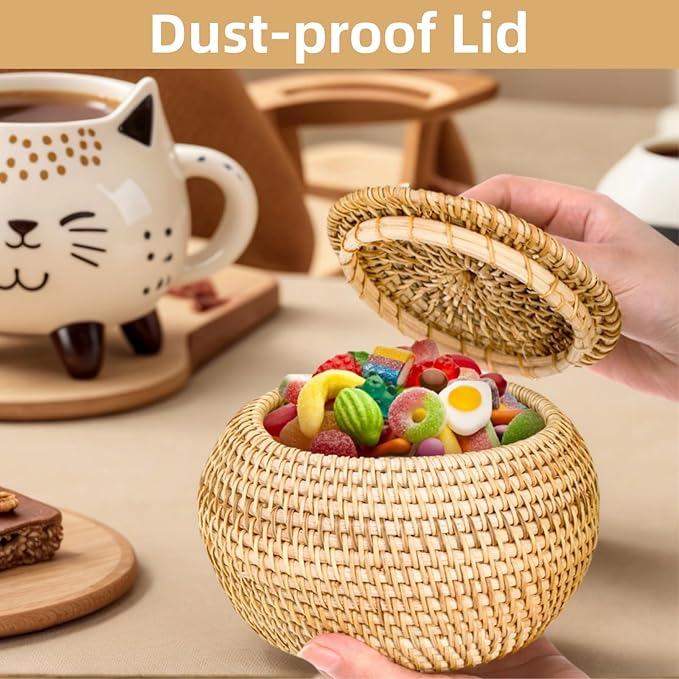 WRINGKIT Small Rattan Basket Box with Lid, Round Handmade Woven Storage Basket, Multi-purpose Wicker Bowl Decorative Organizer for Shelf, Home, Bathroom Decor