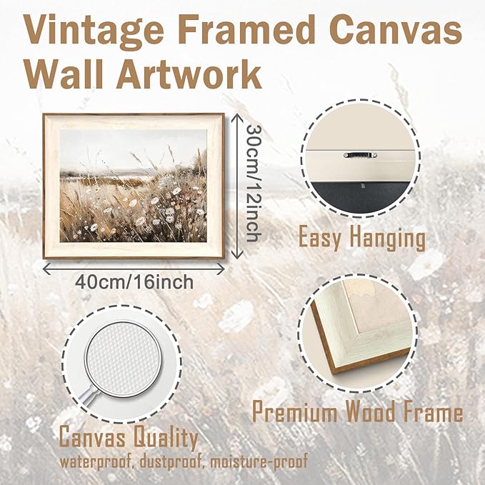 ASTRDECOR Framed Vintage Wall Art Home Decor, Farmhouse Decor Wall Art Autumn Country Wildflower Field Nature Canvas Art Wall Decor Living Room, Vintage Oil Painting Botanical Art Print Decor-12''x16''