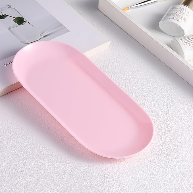 SUTOKAKA 2 Pack Pink Plastic Jewelry Tray Decorative Dish, Small Oval Candy Dessert Plate, Manicure Tools Placing Supplies for Home Salon Storage