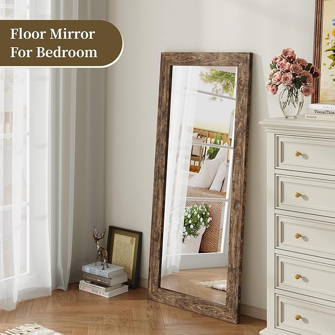 Syndra Modern Full Length Mirror Wood Frame, 56x20'' Large Floor Mirror with HD Tempered Glass & Wall Mount Option, Rectangular Standing Mirror for Bedroom, Living Room, Entryway, Farmhouse(Walnut)