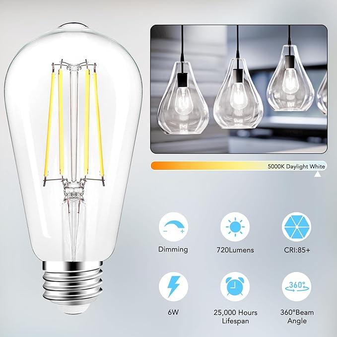 PARTPHONER LED Light Bulbs Dimmable Vintage Edison Bulb, E26 LED Bulb 60W Equivalent 720 Lumens, Daylight 5000K, ST58 Antique LED Filament Bulb CRI 85+, Clear Glass, Pack of 12