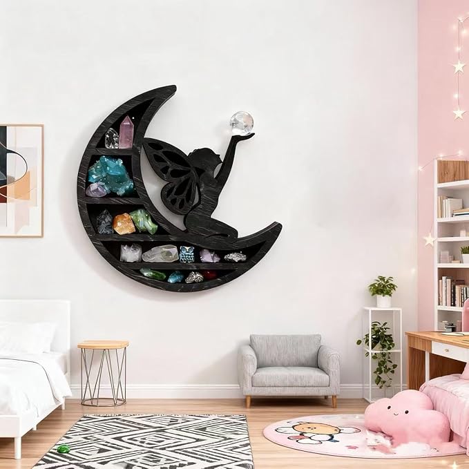 Wooden Moon Shelf for Crystals Display, Rustic Wooden Fairy Shelf for Crystals, 14In Large Wall Mounted Crystal Display Gothic Witchy Home Decor (Moon Fairy)