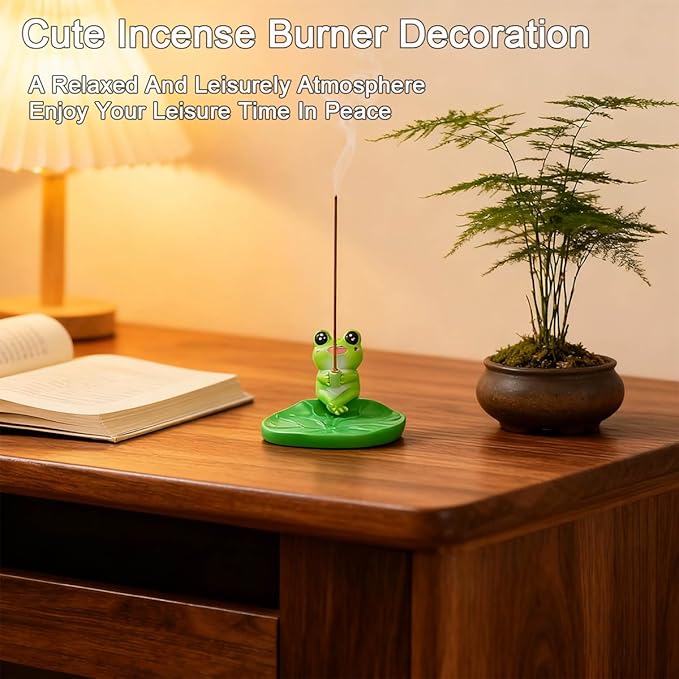 Frog Incense Holder Cute Animal Figurine Incense Burner Ash Catcher Creative Cartoon Resin Frog Green Lotus Leaf Base Statue for Home Room Decor Meditation Yoga Spa