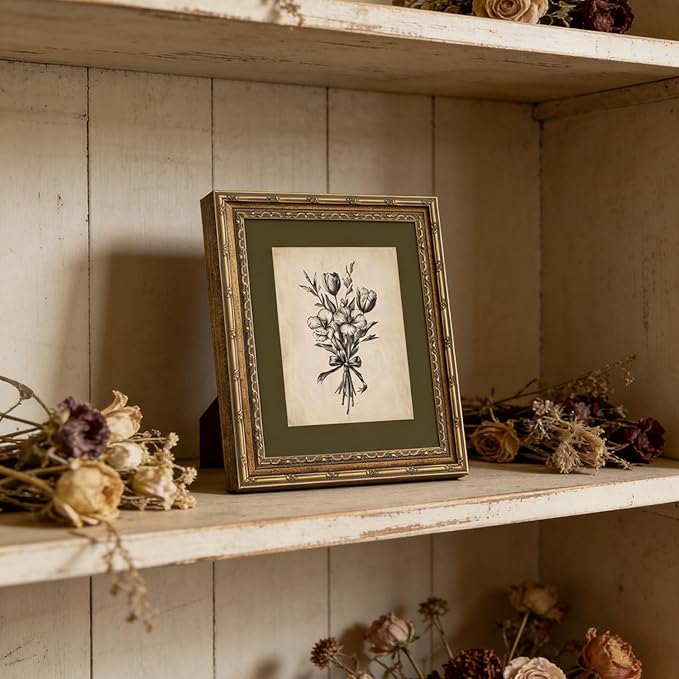 Gold Framed Wall Art Vintage Flower Sketch Wall Art Antique Sage Green Botanical Wall Decor Picture Dark Green Floral Drawing Poster Print for Bedroom Living Room 12x16in