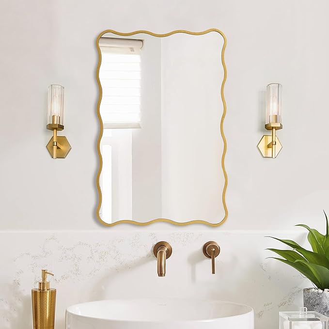 Gold Wavy Bathroom Mirror 20x30 Rectangle Scalloped Farmhous Mirror Modern Wood Farme Mirror Wall Decor for Bathroom Entryway Living Room Bedroom Hallway