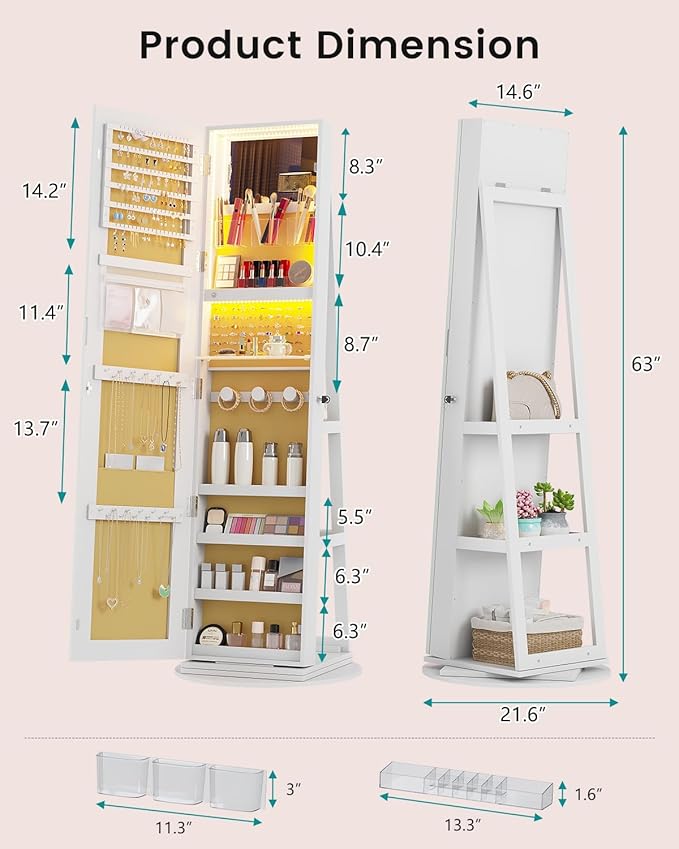 Vlskra Full Length Mirror with Storage, Lockable Jewelry Mirror Cabinet, Large Standing Jewelry Armoire with Mirror for Bedroom, Space Saving, Anti-Tangle Necklace Organizer for Women, White