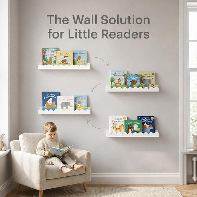 White Scalloped Nursery Shelves for Wall, 4-Pack Floating Book Shelves for Kids Room, Wall Mounted Kids Bookshelves for Bedroom, Playroom, Book and Decor Display