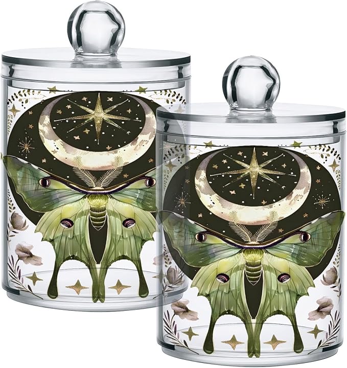 4 Pack Qtip Holder Dispenser Luna Moth Moon Cotton Ball Swab Round Pads Floss Clear Bathroom Storage Containers Plastic Apothecary Jars with Lids