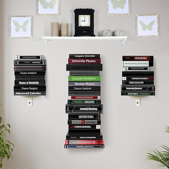 Floating Book Shelves for Wall, 4 Tier Invisible Floating Bookshelf, Vertical Spine Book Tower, Wall Mounted & Space Saving, Heavy Duty Metal Book Organizer for Home Office, 2 Pack White