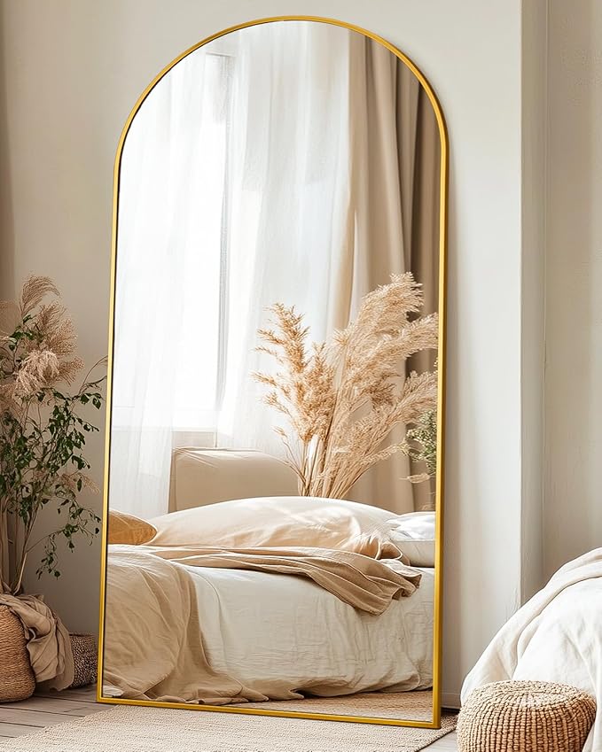 Suidia 76"x34" Arched Full Length Mirror with Stand, Full Body Mirror with Aluminum Frame, Freestanding/Leaning/Wall-Mounted, Floor Mirrors for Bedroom, Living Room, Entryway, Dressing Room, Gold