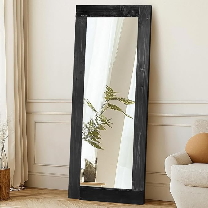 Full Length Mirror 58"x24" – Solid Wood Frame, HD Tempered Glass, Wall Mounted & Leaning, Rustic Modern Decor for Bedroom, Living Room, Entryway, Black