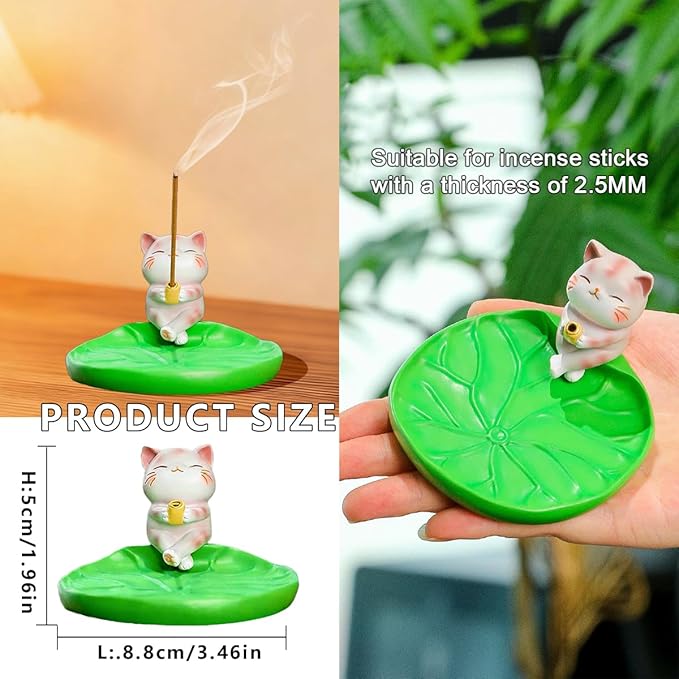 Cute Cat Incense Holder Animal Figurine Incense Burner Ash Catcher Creative Cartoon Resin Cat and Green Lotus Leaf Base Statue for Home Room Decor Meditation Yoga Spa